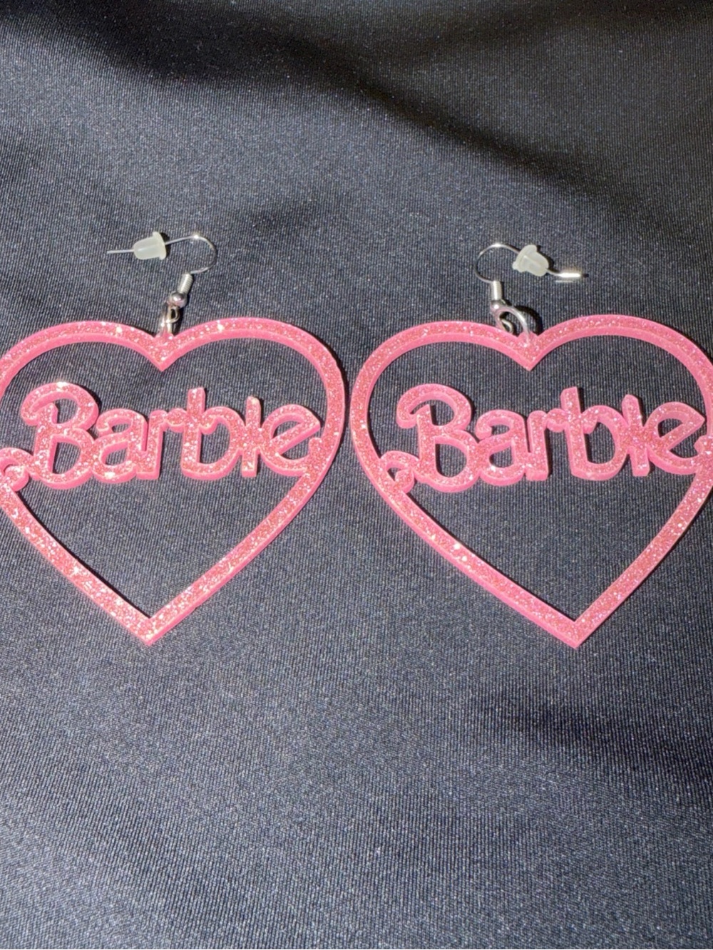 Barbie Glitter Pink Heart Logo Drop Earrings